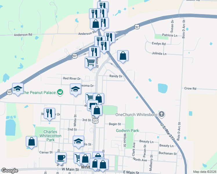 map of restaurants, bars, coffee shops, grocery stores, and more near 724 Park Place in Whitesboro