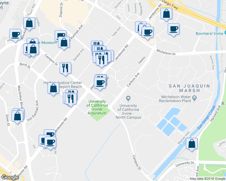 map of restaurants, bars, coffee shops, grocery stores, and more near 3458 Watermarke Place in Irvine