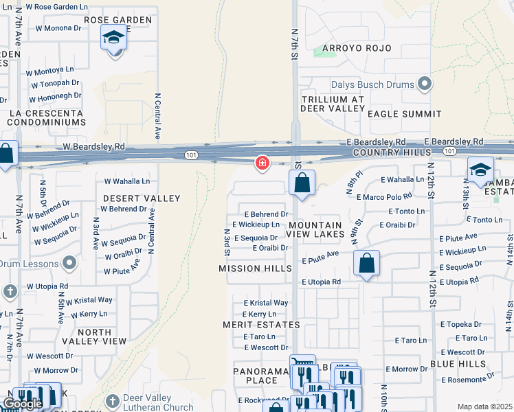 map of restaurants, bars, coffee shops, grocery stores, and more near 425 East Marco Polo Road in Phoenix