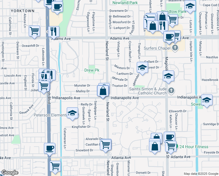map of restaurants, bars, coffee shops, grocery stores, and more near 20401 Allport Lane in Huntington Beach