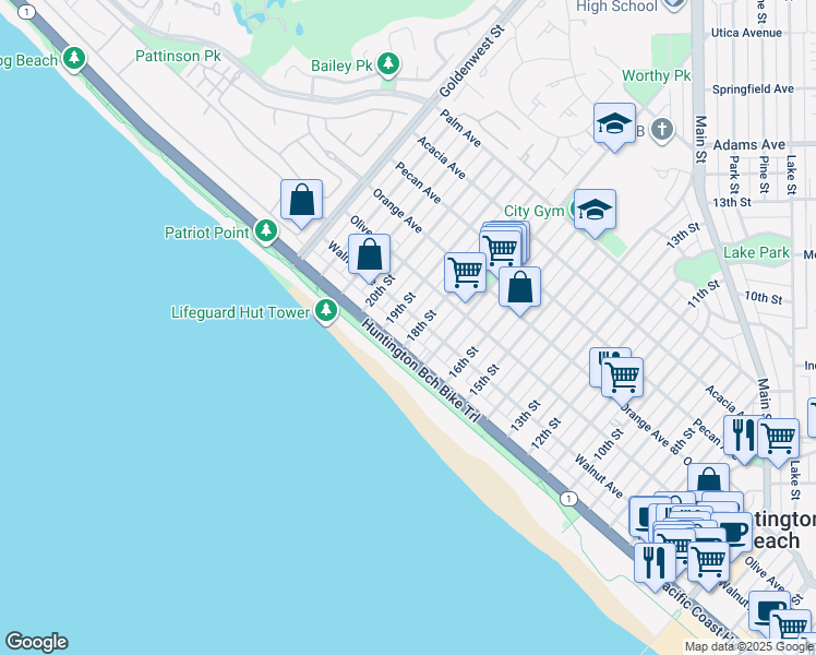 map of restaurants, bars, coffee shops, grocery stores, and more near 113 18th Street in Huntington Beach