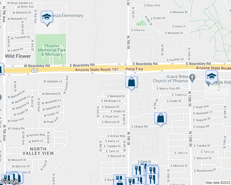 map of restaurants, bars, coffee shops, grocery stores, and more near 505 East Marco Polo Road in Phoenix