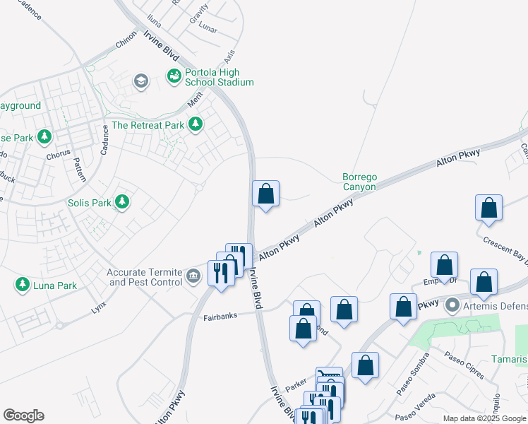 map of restaurants, bars, coffee shops, grocery stores, and more near 9201 Irvine Boulevard in Irvine
