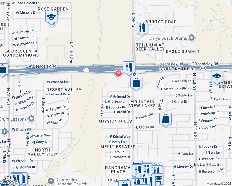 map of restaurants, bars, coffee shops, grocery stores, and more near 425 East Marco Polo Road in Phoenix