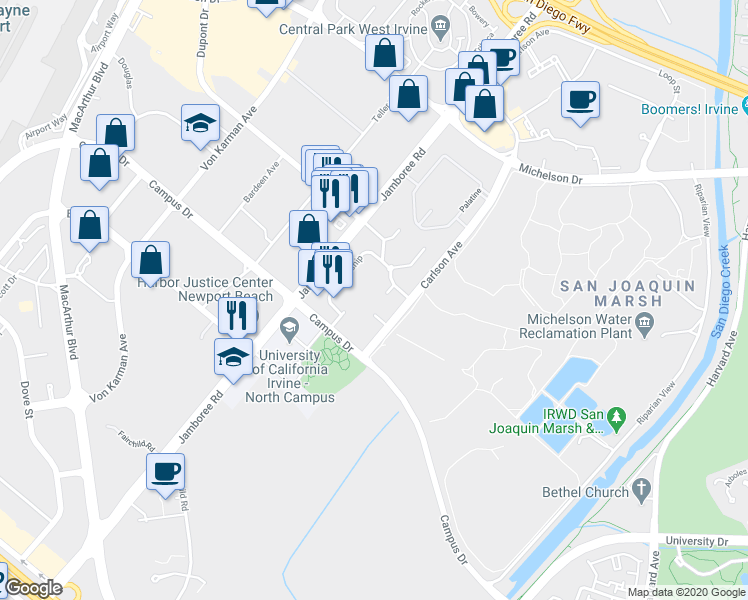 map of restaurants, bars, coffee shops, grocery stores, and more near 3311 Watermarke Place in Irvine