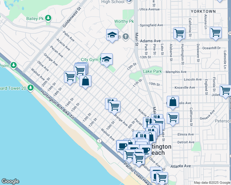 map of restaurants, bars, coffee shops, grocery stores, and more near 521 12th Street in Huntington Beach