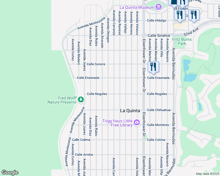 map of restaurants, bars, coffee shops, grocery stores, and more near 52674 Avenue Obregon in La Quinta