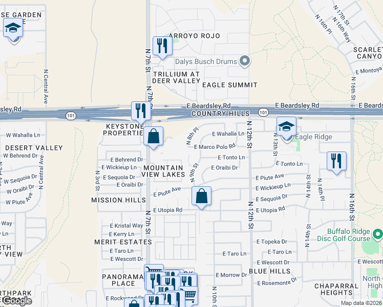 map of restaurants, bars, coffee shops, grocery stores, and more near 19659 North 8th Place in Phoenix