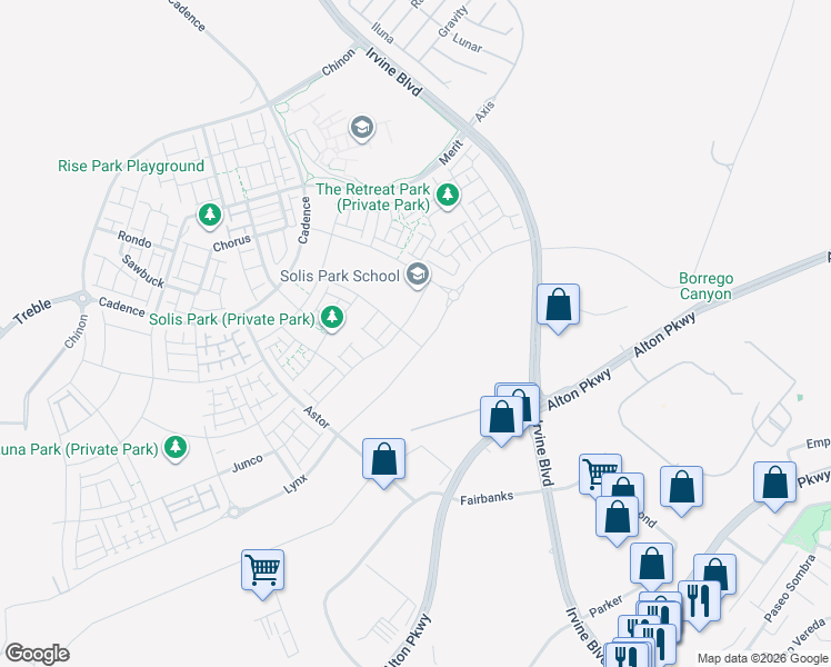 map of restaurants, bars, coffee shops, grocery stores, and more near 8510-8798 Perimeter Road in Irvine