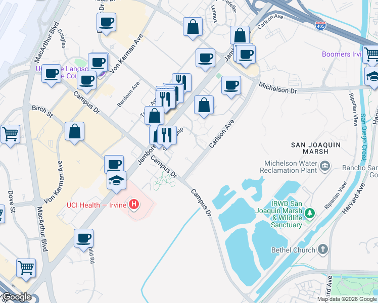 map of restaurants, bars, coffee shops, grocery stores, and more near 3229 Watermarke Place in Irvine