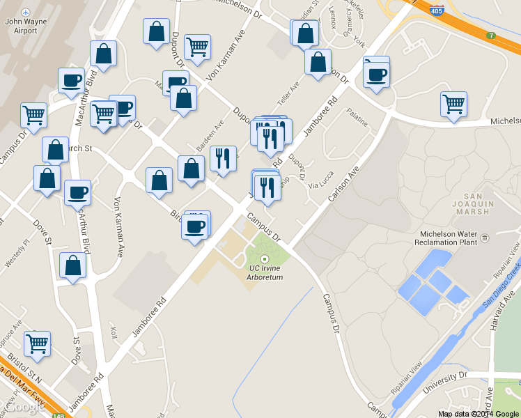 map of restaurants, bars, coffee shops, grocery stores, and more near 19 Campus Drive in Irvine