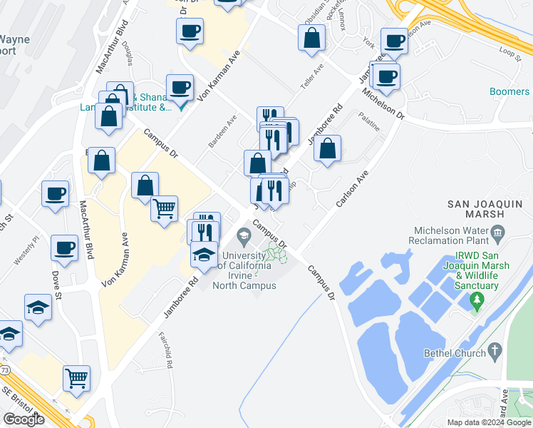 map of restaurants, bars, coffee shops, grocery stores, and more near 19 Campus Drive in Irvine