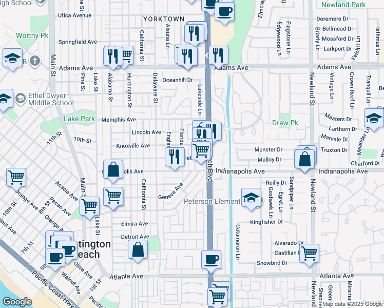 map of restaurants, bars, coffee shops, grocery stores, and more near 1009 Georgia Street in Huntington Beach