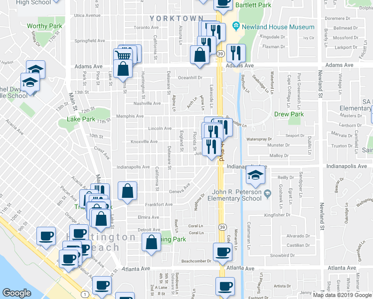 map of restaurants, bars, coffee shops, grocery stores, and more near 1006 England Street in Huntington Beach
