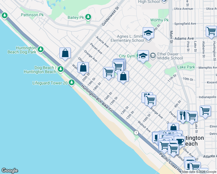 map of restaurants, bars, coffee shops, grocery stores, and more near 218 17th Street in Huntington Beach