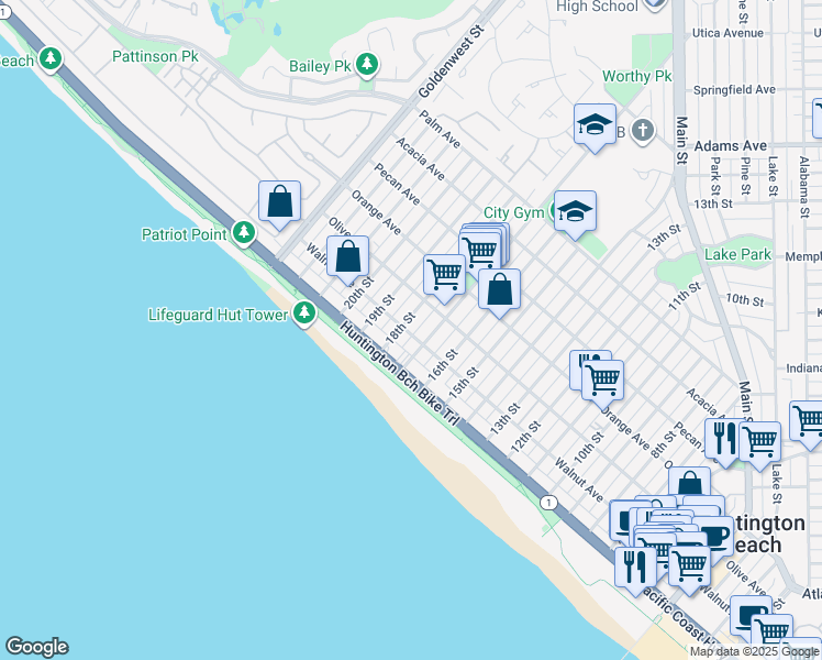 map of restaurants, bars, coffee shops, grocery stores, and more near 120 18th Street in Huntington Beach