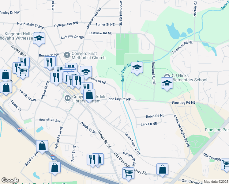 map of restaurants, bars, coffee shops, grocery stores, and more near 1091 Pine Street Northeast in Conyers