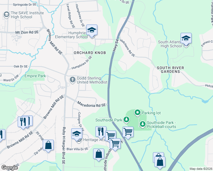map of restaurants, bars, coffee shops, grocery stores, and more near 3256 Jonesboro Road Southeast in Atlanta