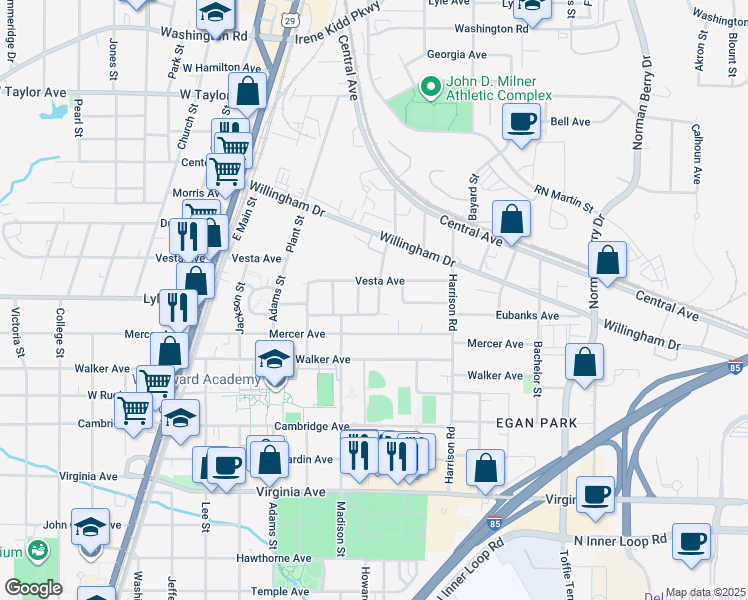 map of restaurants, bars, coffee shops, grocery stores, and more near 3279 Elm Street in College Park