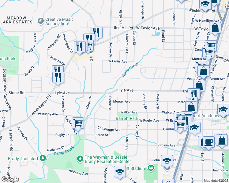 map of restaurants, bars, coffee shops, grocery stores, and more near 2082 Lyle Avenue in College Park