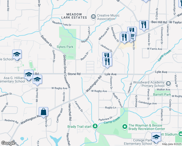 map of restaurants, bars, coffee shops, grocery stores, and more near in East Point