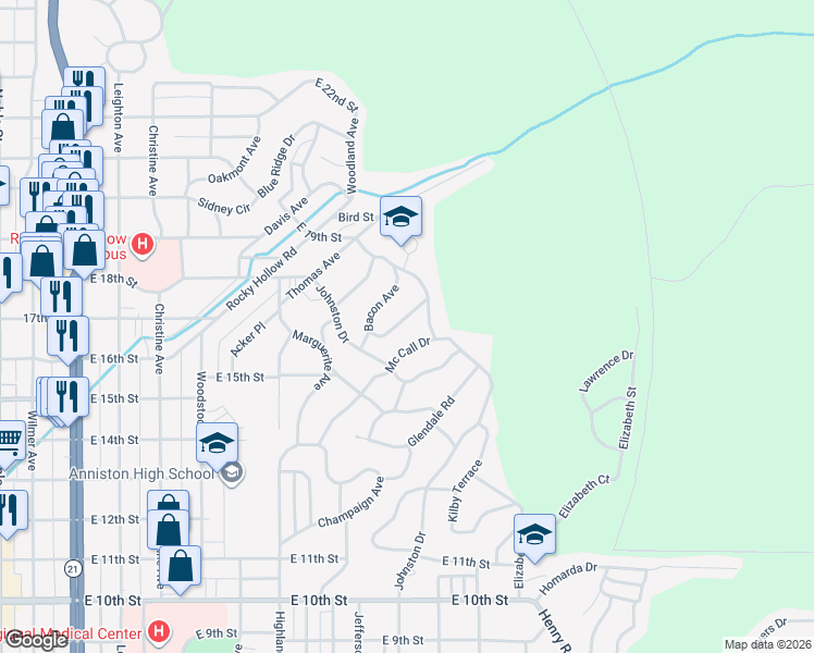 map of restaurants, bars, coffee shops, grocery stores, and more near 1618 Charlotte Avenue in Anniston