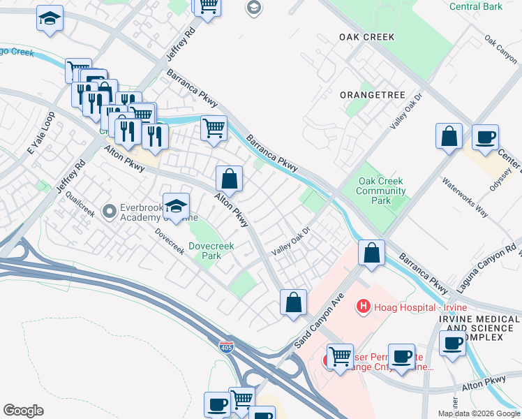 map of restaurants, bars, coffee shops, grocery stores, and more near 30 Preston in Irvine