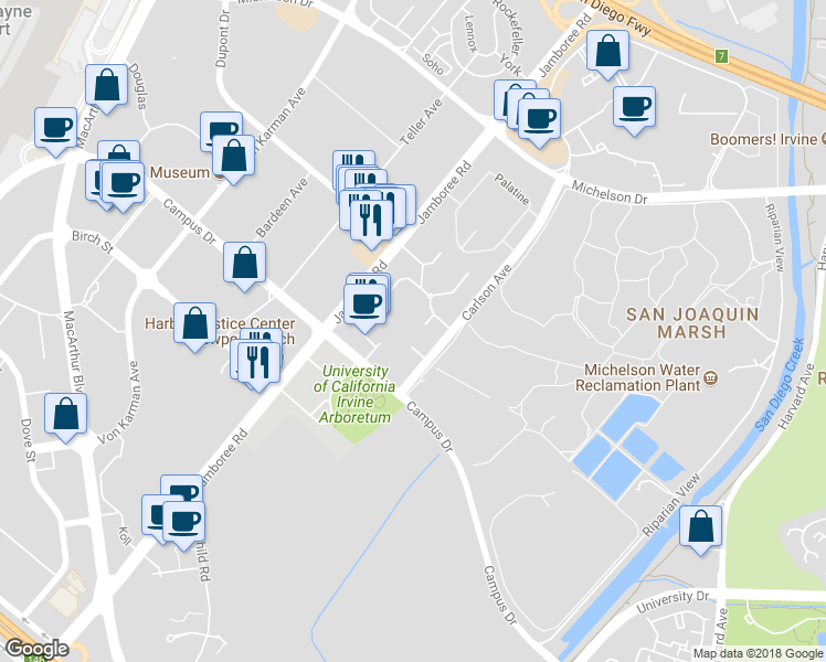 map of restaurants, bars, coffee shops, grocery stores, and more near 3326 Watermarke Place in Irvine