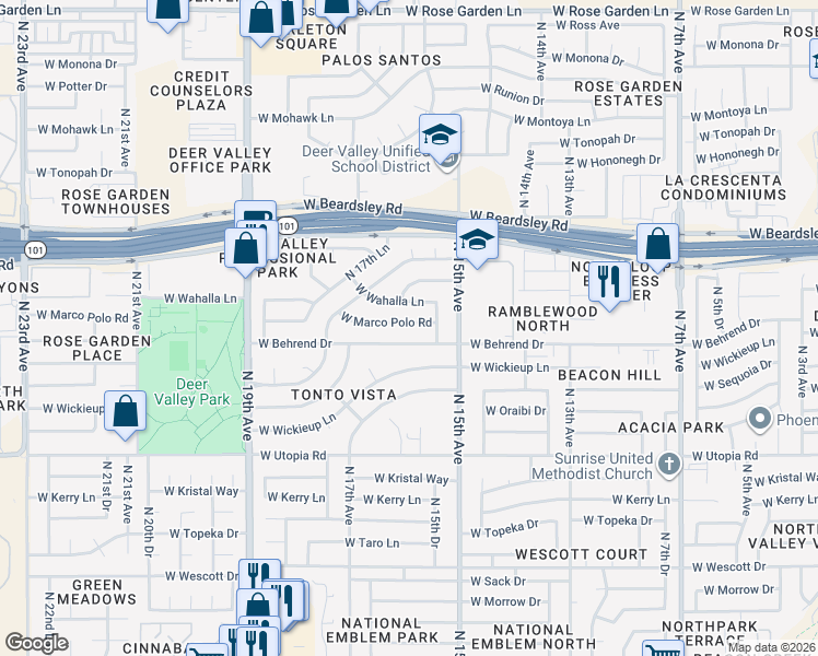 map of restaurants, bars, coffee shops, grocery stores, and more near 1545 West Marco Polo Road in Phoenix