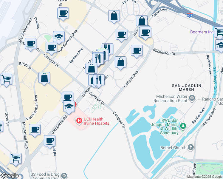 map of restaurants, bars, coffee shops, grocery stores, and more near 3310 WATERMARKE Place in Irvine