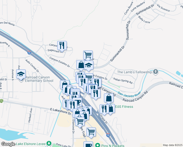 map of restaurants, bars, coffee shops, grocery stores, and more near 31634 Somerset Drive in Lake Elsinore
