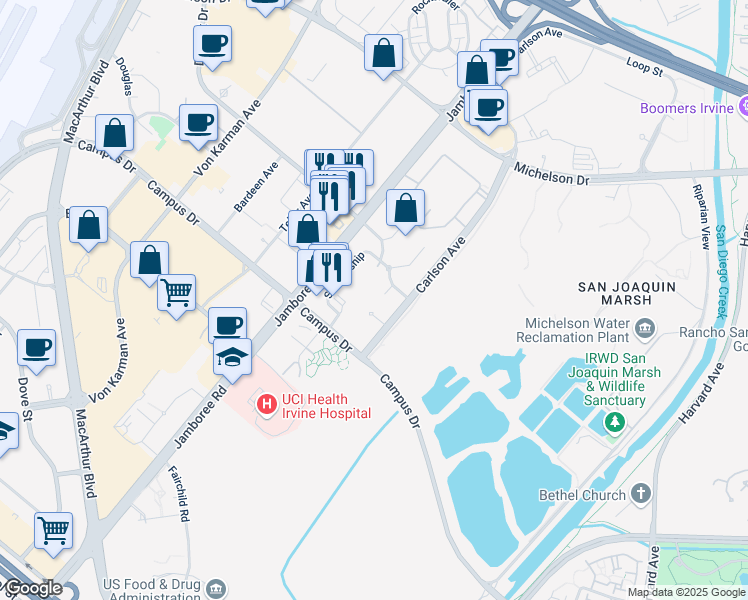 map of restaurants, bars, coffee shops, grocery stores, and more near 3319 Watermarke Place in Irvine