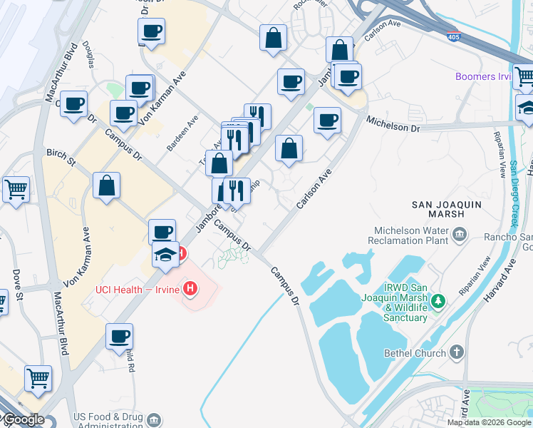 map of restaurants, bars, coffee shops, grocery stores, and more near 3372 Watermarke Place in Irvine