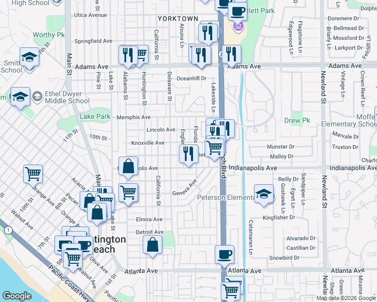 map of restaurants, bars, coffee shops, grocery stores, and more near 1006 England Street in Huntington Beach