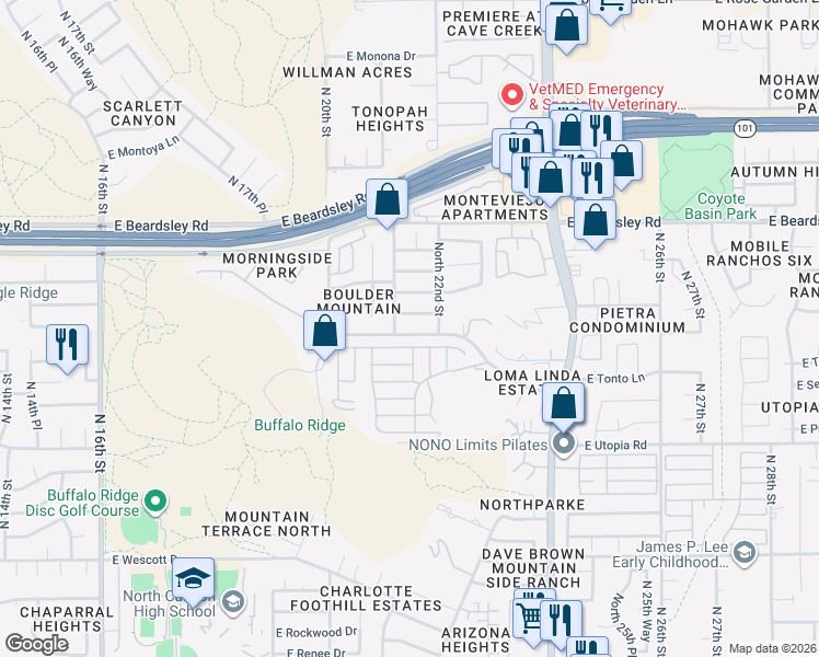 map of restaurants, bars, coffee shops, grocery stores, and more near 2116 East Behrend Drive in Phoenix
