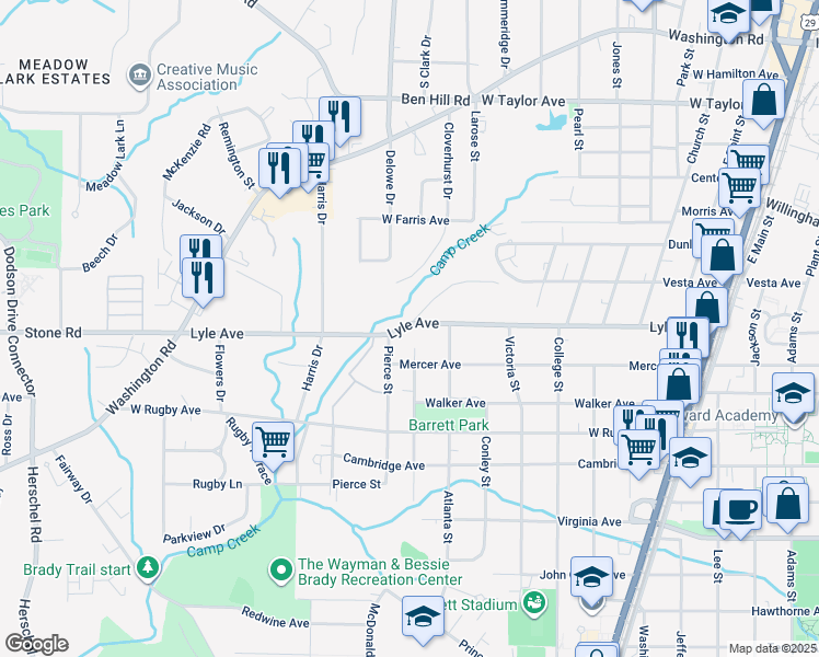 map of restaurants, bars, coffee shops, grocery stores, and more near 2082 Lyle Avenue in College Park