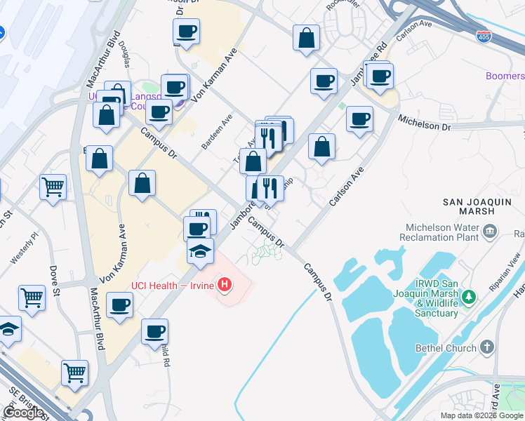 map of restaurants, bars, coffee shops, grocery stores, and more near 5090 Scholarship in Irvine
