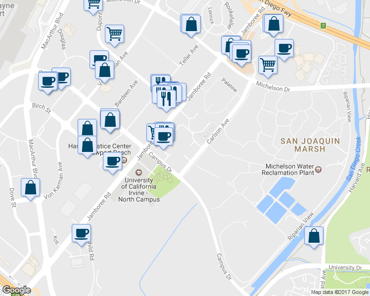 map of restaurants, bars, coffee shops, grocery stores, and more near 3211 Watermarke Place in Irvine