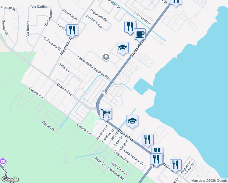 map of restaurants, bars, coffee shops, grocery stores, and more near 32902-32934 Riverside Dr in Lake Elsinore