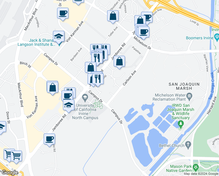 map of restaurants, bars, coffee shops, grocery stores, and more near 3134 Watermarke Place in Irvine