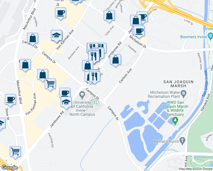 map of restaurants, bars, coffee shops, grocery stores, and more near 3272 Watermarke Place in Irvine