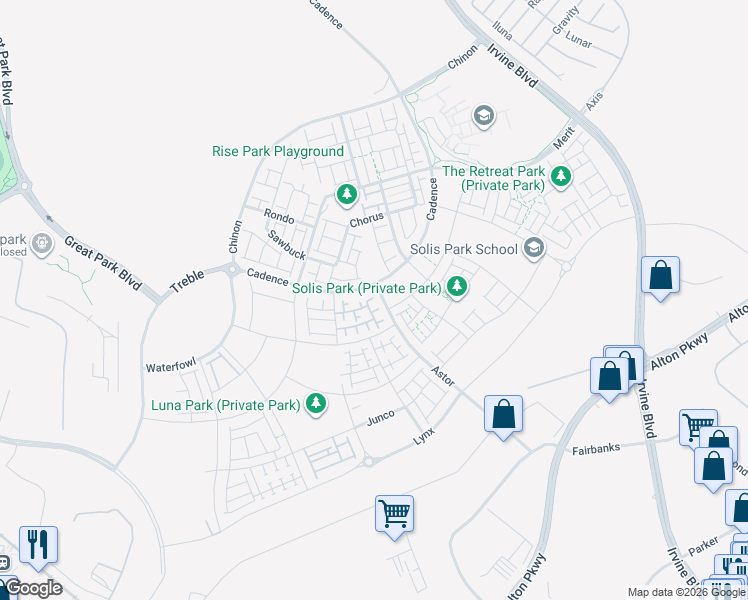 map of restaurants, bars, coffee shops, grocery stores, and more near North 2nd Street in Irvine