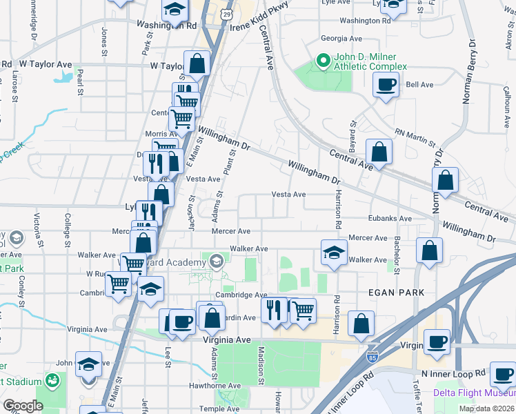 map of restaurants, bars, coffee shops, grocery stores, and more near 3282 Vassar Street Southwest in College Park