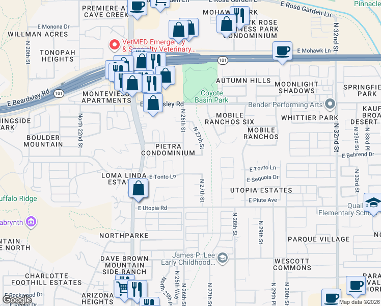 map of restaurants, bars, coffee shops, grocery stores, and more near 2608 East Behrend Drive in Phoenix