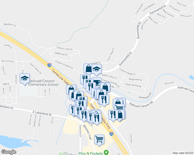 map of restaurants, bars, coffee shops, grocery stores, and more near 31622 Canyon Estates Drive in Lake Elsinore