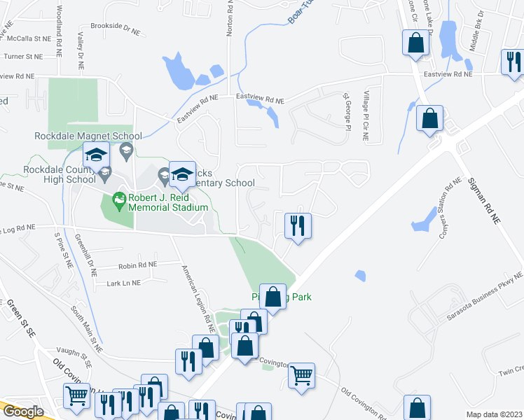 map of restaurants, bars, coffee shops, grocery stores, and more near 1450 Pine Logging Road Northeast in Conyers