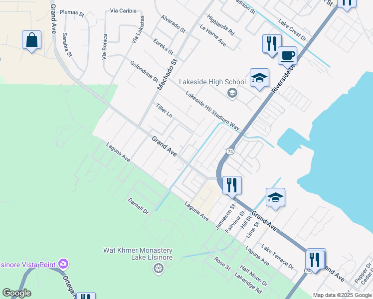 map of restaurants, bars, coffee shops, grocery stores, and more near 15170 Grand Avenue in Lake Elsinore