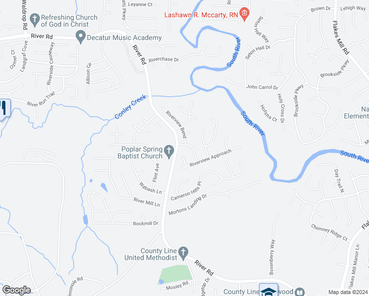 map of restaurants, bars, coffee shops, grocery stores, and more near 3539 Riverview Club Drive in Ellenwood