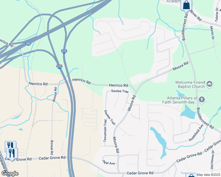 map of restaurants, bars, coffee shops, grocery stores, and more near 3937 Sautee Trail in Conley