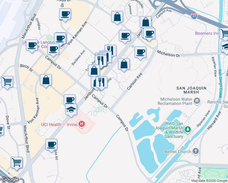 map of restaurants, bars, coffee shops, grocery stores, and more near 3361 Watermarke Place in Irvine